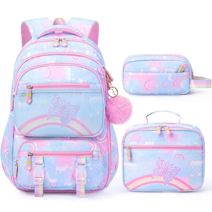 Fimibuke 3PCS Kids Backpack for School Girls with Lunch Box & Pencil Case - color: Blue Rainbow