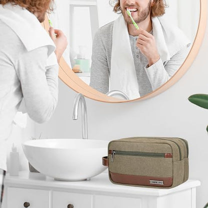 WITZMAN Canvas Toiletry Bag for Men Travel Toiletries Dopp Kit Multi-pocket - color: Army Green