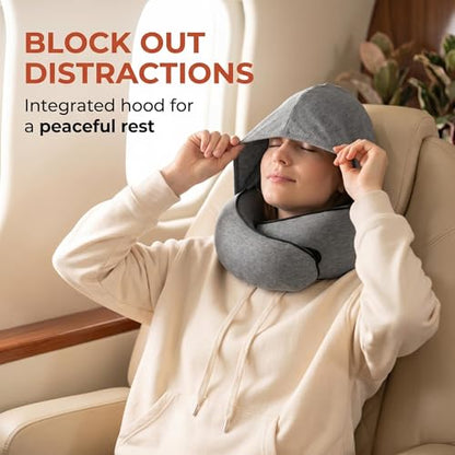 Travel Neck Pillow with Hood, Memory Foam, 360° Ergonomic Support, Cooling Ice Silk, Hooded Design, with Eye Mask, Earplugs, and Storage Pouch Airplane Travel Essentials, Dark Gray