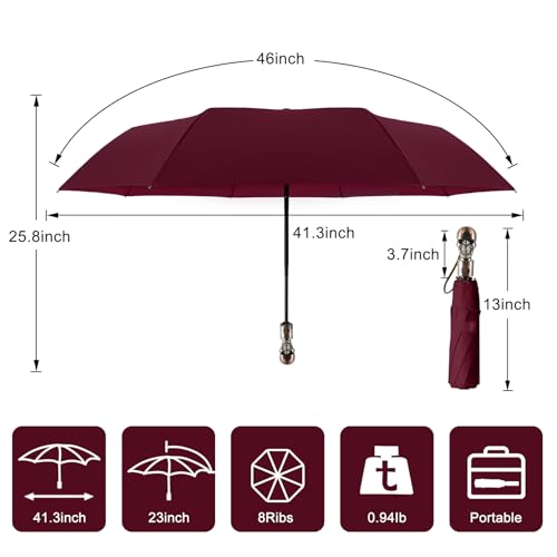 Skull Handle Windproof Travel Umbrella Compact Portable, Auto Open Close - color: 07.Wine Red
