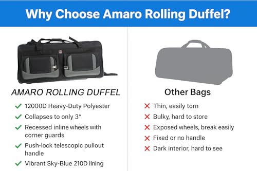 AMARO 36 Inch Rolling Duffle Bag with Wheels, Extra Large Heavy Duty Travel Duffel Luggage with Telescopic Handle, Multiple Pockets, Collapsible Storage, Black/Grey - size: X-Large