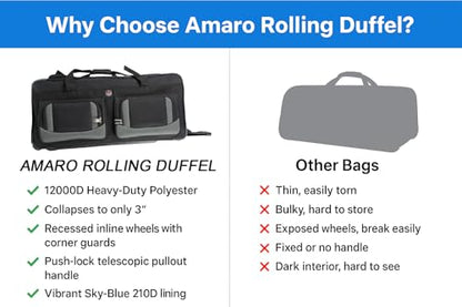 AMARO 36 Inch Rolling Duffle Bag with Wheels, Extra Large Heavy Duty Travel Duffel Luggage with Telescopic Handle, Multiple Pockets, Collapsible Storage, Black/Grey - size: X-Large