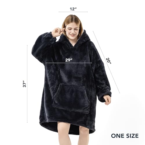 Berkshire Blanket Oversized Wearable Blanket Hoodie – SpaLoft Plush with Hood, Sleeves & Pocket - color: Black