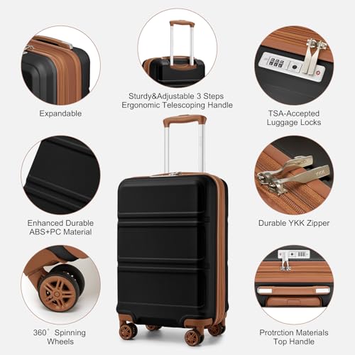 Kono Luggage Set 3 Piece Carry On Hardside Luggage with Spinner Wheels - color: Apricot Black, size: 20-inch/Bp/Tb