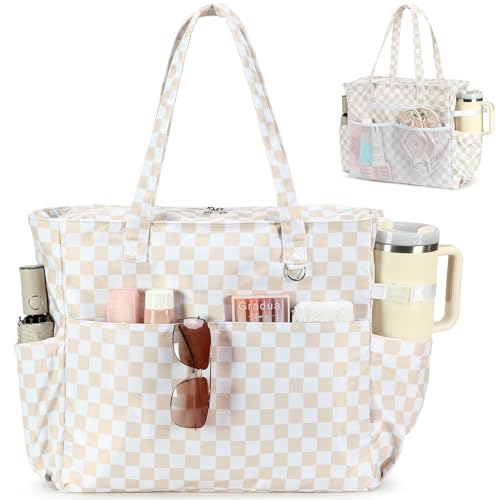 Bluboon Waterproof Beach Tote Pool Bags for Women Ladies Extra Large Carry On Bag With Wet Compartment for Weekender Travel - color: Light Brown Checkered
