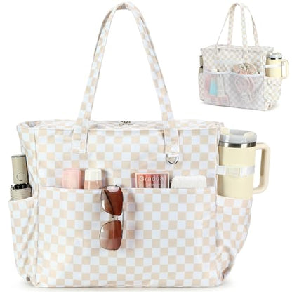 Bluboon Waterproof Beach Tote Pool Bags for Women Ladies Extra Large Carry On Bag With Wet Compartment for Weekender Travel - color: Light Brown Checkered