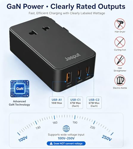 Jasput 67W Universal Travel Adapter, USB-C PD International Plug Adapter - color: Black+USBC 67W