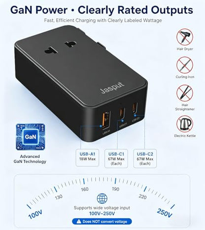 Jasput 67W Universal Travel Adapter, USB-C PD International Plug Adapter - color: Black+USBC 67W