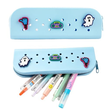 1 Pack Silicone Makeup Brush Holder Soft Portable Cosmetic Brush Bag Pen Case with DIY Holes and 3 Charms(Random) for Travel Home (Pale Blue) - color: Pale Blue
