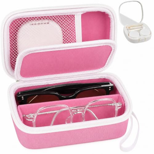 GWCASE Portable 2 in 1 Contact Lens Case and Glasses Case for 2 Pairs - color: Pink and White Zipper