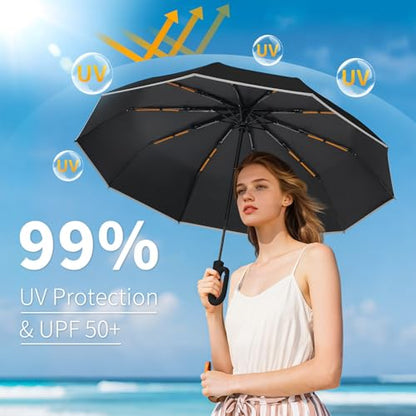 Seniny Travel Umbrella with UV Sun Protection, Large Rain Umbrellas, Black | One-Touch Automatic Umbrella with Carabiner Handle & Reflective Strip, Portable Compact Umbrella for Car Backpack - color: Black