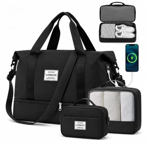 Weekender Bags for Women Travel Weekend Overnight Bag with Shoe Compartment - color: B -Black + Packing Cube