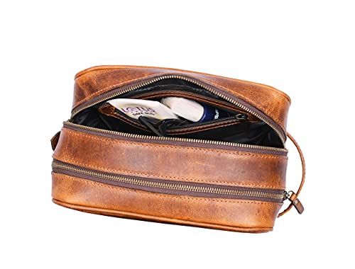 Aaron Leather Goods Leather Toiletry Bag for Men and Women Brown 10.5 Inch (Caramel) - color: Caramel