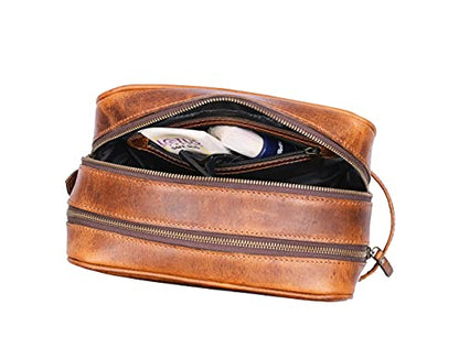 Aaron Leather Goods Leather Toiletry Bag for Men and Women Brown 10.5 Inch (Caramel) - color: Caramel