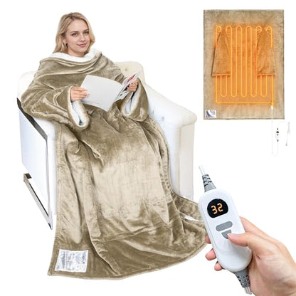 Catalonia Heated Blanket with Sleeves, Wearable Electric Throw for Adults - color: Camel