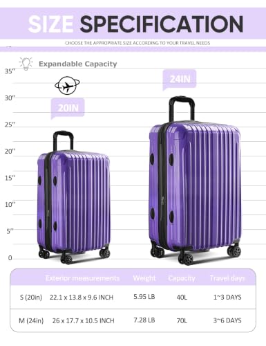 Expandable Checked Luggage Suitcase with Wheels - color: Midnight Violet, size: M(24 In)
