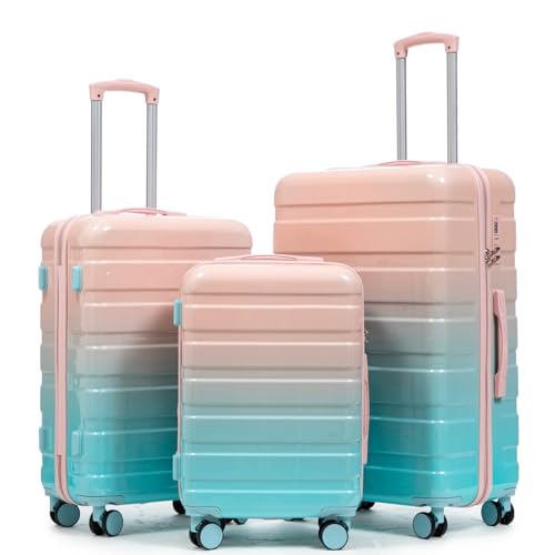 3-Piece Luggage Set 20/24/28’’ Hard-shell with 360° Spinner Wheels, Gradient Color Suitcase with Combination Lock, Lightweight PC Material, (Blue + Pink) - color: Pink-Light Blue Gradient, size: 3-Piece Set(20''&24''&28'')