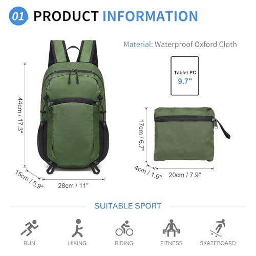 20L Small Hiking Backpack for Women Men Packable Daypack Green - color: Dark Green, size: 20L