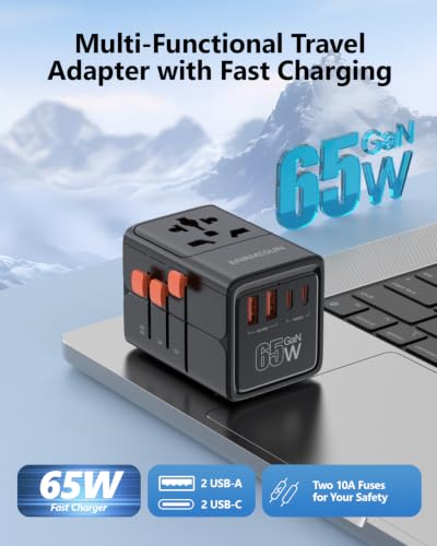 Universal Travel Adapter, International Power Adapter with 4 USB (GaN 65W) - color: 65W 2A2C Black
