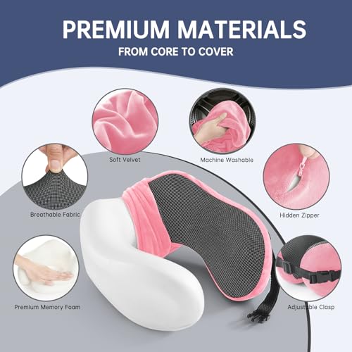Neck Pillow Travel Pillow Memory Foam Adjustable Clasp for Airplane - color: Pink