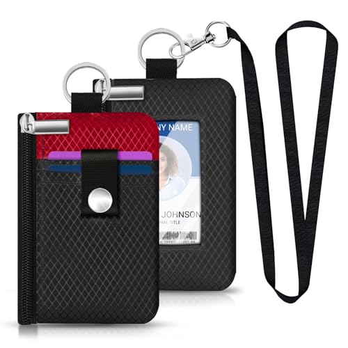 Minimalist RFID Blocking Small Wallet with ID Window,WaterResistant Zip Id Case Wallet with Lanyard Keychain for Cards,Cash,Travel,Women,Men (Black/Red) - color: Black/Red