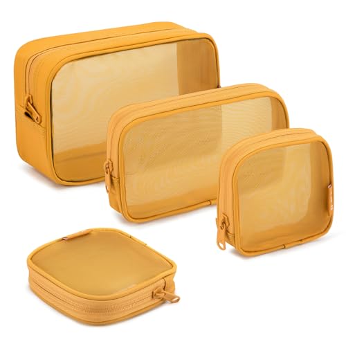 NOL Makeup Bag 4 PCS Set, Mesh Cosmetic Bag with Smooth Zipper, Clear Travel Toiletry Bag, Portable Organizer Pouch, Earth-Yellow See Through Case for Skincare Brushes - color: Earth-yellow