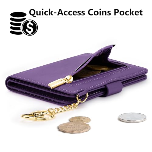 Airkit Small Wallet Women RFID, PU Leather Card Holder with Keychain - color: Purple