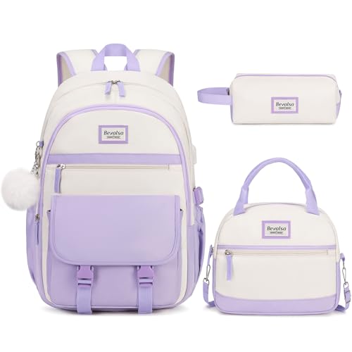 Bevalsa Backpack for Girls, 3PCS School Backpacks with Lunch Box | Pencil Pouch for Teens Girl Kids Elementary Middle High School College Student Bookbag Daypack - color: Beige Purple, size: 15.6 inch