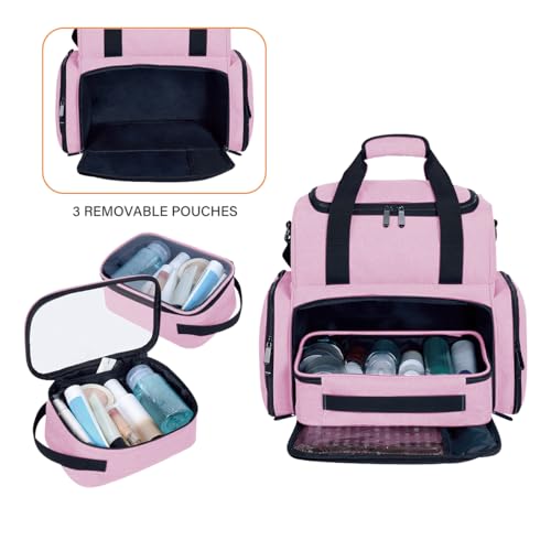 Large Makeup Bag with 3 Removable Case and 2 Removable Dividers,Pink - color: Pink
