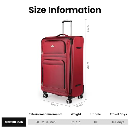 30'' Large Softside Suitcase,Expandable,waterproof Fabric - color: Red, size: Checked-Large 30-Inch