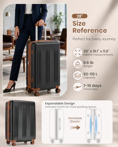 Kono 28 Inch Large Checked Luggage with Spinner Wheels Expandable TSA Lock - color: Black&Brown, size: 28"