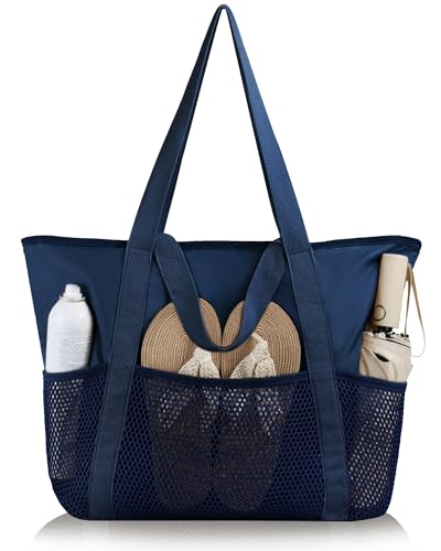 HOMESPON Beach Bag Large Waterproof Sandproof Tote for Women with Zipper and Mesh Pockets | 2 Sizes up to 41L, Wet-Dry Separation, Inner Security Pocket, Pool Cruise Yacht & Spa - color: Navy, size: Medium