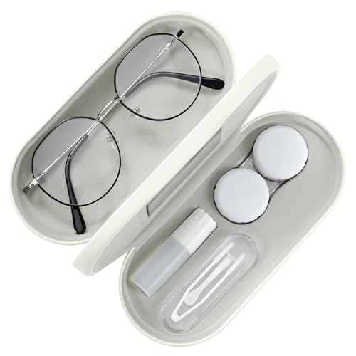 MoKo Double Eyeglass Case,Glasses and contact case 2 in 1 with Mirror - color: Beige