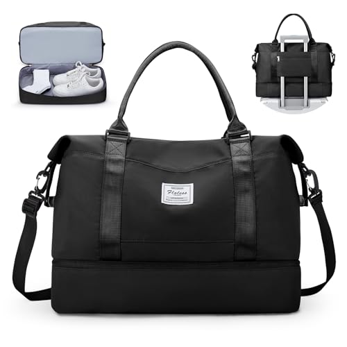 Travel Duffel Bag,Overnight Weekender Bags for Women with Wet Pocket - color: A-Black, size: Large
