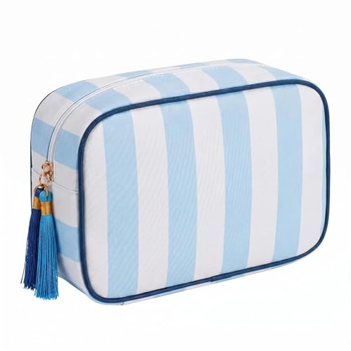 Preppy Striped Makeup Bag for Women, Structured Travel Cosmetic Pouch with Protective Sponge Padding, Large Canvas Toiletry Organizer with Tassel Zipper for Daily Purse(Blue White) - color: Blue White