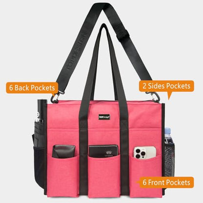 TOPDesign Utility Water Resistant Tote Bag with 22 Pockets, Zipper Closure - color: Light Red, size: Large