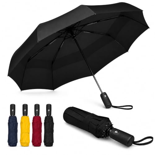 Windproof Travel Umbrella Premium Auto Folding Umbrella for Rain and Sun - color: black