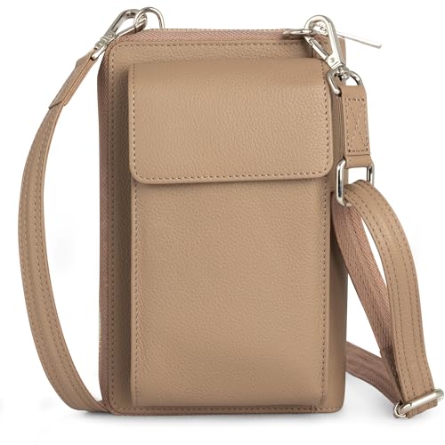 BULL GUARD Crossbody Bag for Women, Leather Phone Wallet Purse with Adjustable Anti Theft Strap & RFID Blocking 12 Card Slots - color: Xtraroom in Soft Grey Whisper Frappe