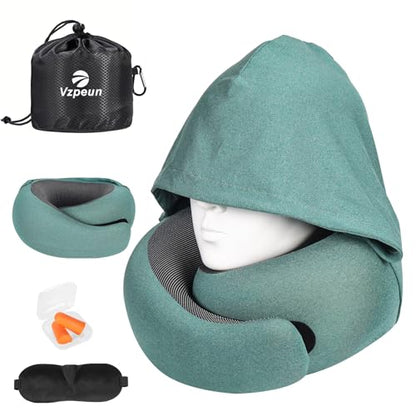 Travel Pillow - Hooded Neck Pillow Airplane Memory Foam Filling - color: Green
