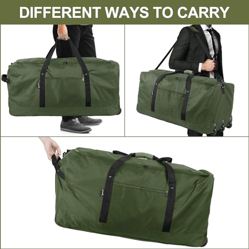 Finnhomy 120L Foldable Rolling Duffel Bag with 3 Wheels, Light Weight Travel Duffel bag with Large Loading Capacity, 32'' Rolling Duffel bag with Shoulder Strap - color: Green