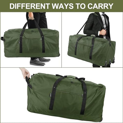 Finnhomy 120L Foldable Rolling Duffel Bag with 3 Wheels, Light Weight Travel Duffel bag with Large Loading Capacity, 32'' Rolling Duffel bag with Shoulder Strap - color: Green