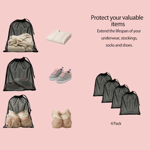 4 Pack Mesh Travel Laundry Bag 12" x 16"Extra Large Dirty Clothes Organizer - color: Black+Black+Black+Black, size: 12"x16"