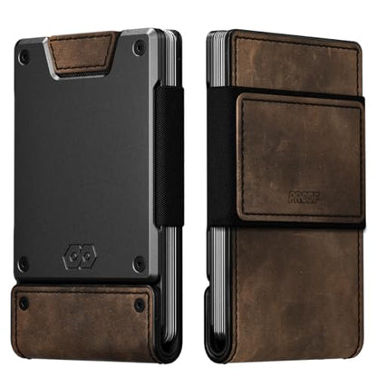 PROOF Slim Minimalist Wallets for Men | Leather & Metal | RFID Wallet - color: Saddle Brown