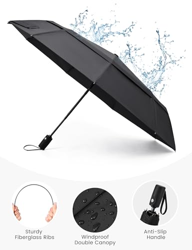 G4Free 42 Inch Travel Umbrella, Compact Vented Windproof Umbrella for Rain | Double Canopy, Lightweight & Strong, Automatic & Foldable, For Men & Women, Fits Car, Backpack & Commuting - color: Black