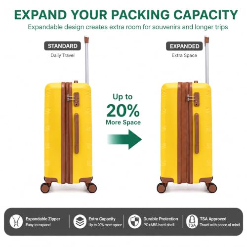 CONCEPTEN Expandable Carry on Luggage 3 Piece Suitcases with Spinner Wheels - color: Yellow, size: 3 Piece