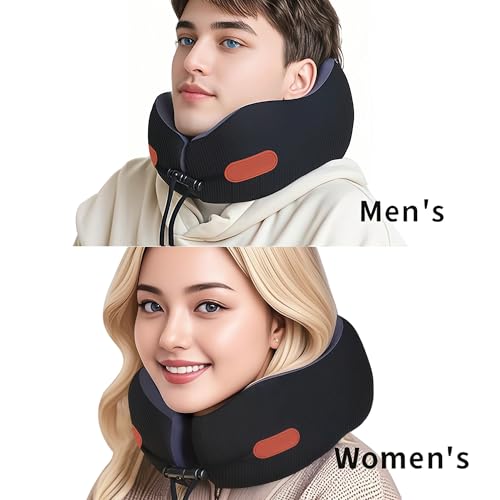 Travel Pillow, Memory Foam Neck Pillow for Airplanes, Includes Eye Mask & Ear Plugs, Ergonomic Design, 360° Support Stowable Pillows for Plane, Car, Train and Home, Black