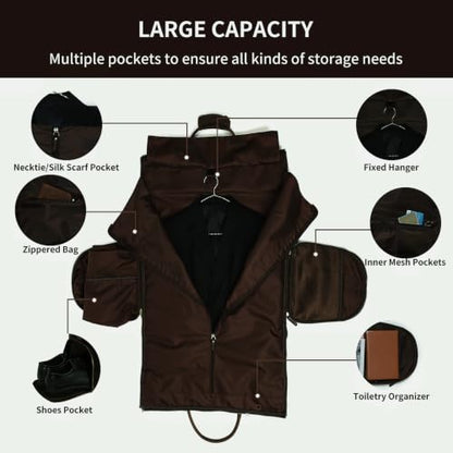 Carry On Garment Bag, Convertible Garment Bag Full Grain Leather Garment Bags for Travel with Shoe Pouch, 2 in 1 Hanging Suitcase Suit Travel Bags for Men，Black - color: black