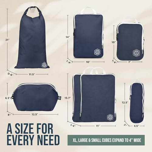 TRIPPED Travel Gear Large Compression Packing Cubes 7-Piece Set for Travel - color: Navy/White