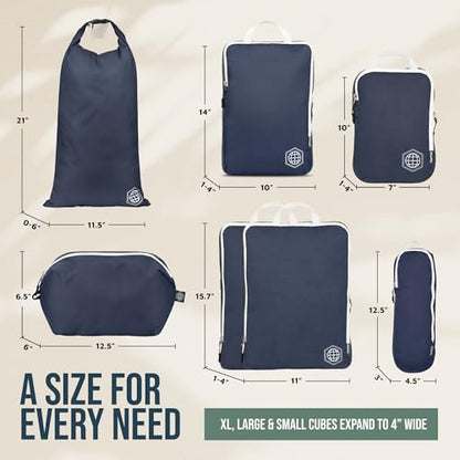 TRIPPED Travel Gear Large Compression Packing Cubes 7-Piece Set for Travel - color: Navy/White