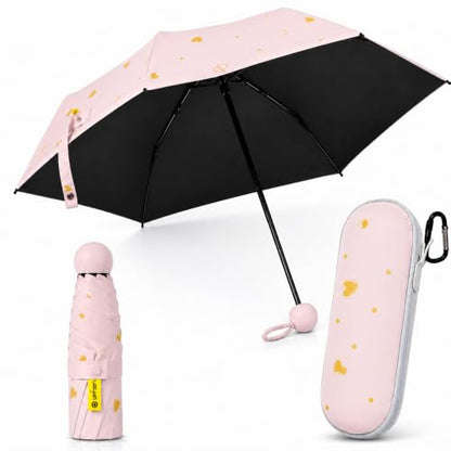 Mini Travel Umbrella, UPF 50+ Purse Umbrella with Case and Carabiner - color: Pink